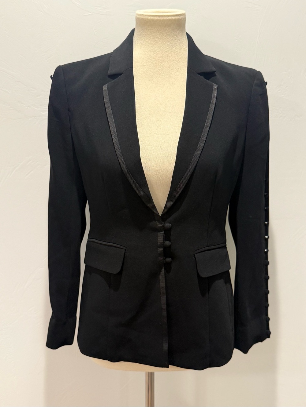 Cinq a Sept - Women's Black Tailored Blazer with Satin and Button Trim
